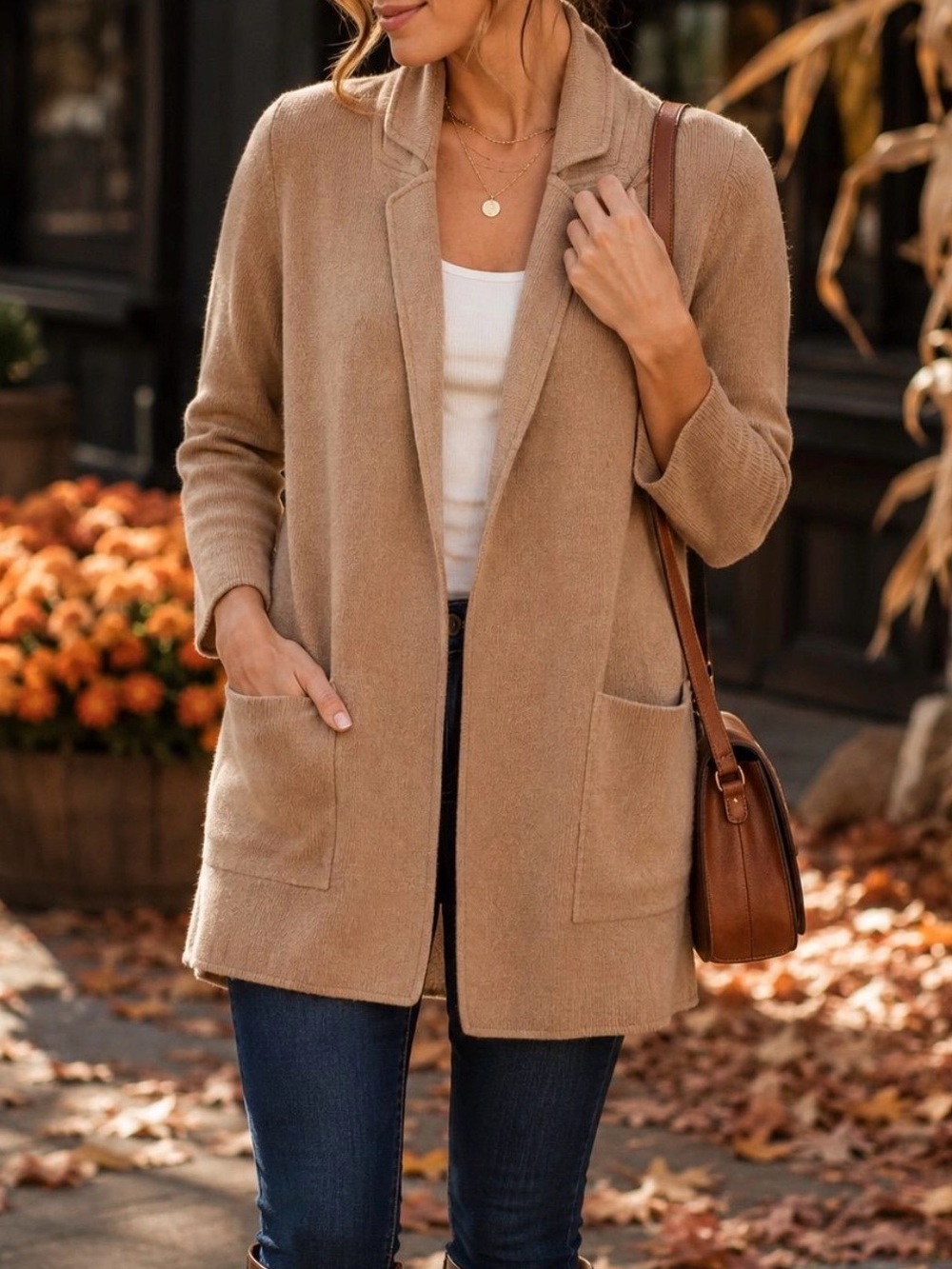 J. Crew Camel Open-Front Pocket Cardigan
